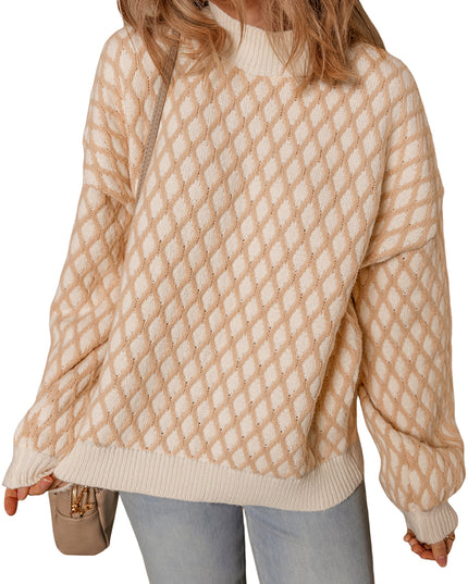 Smoke Gray Checkered Textured Knit Mock Neck Sweater