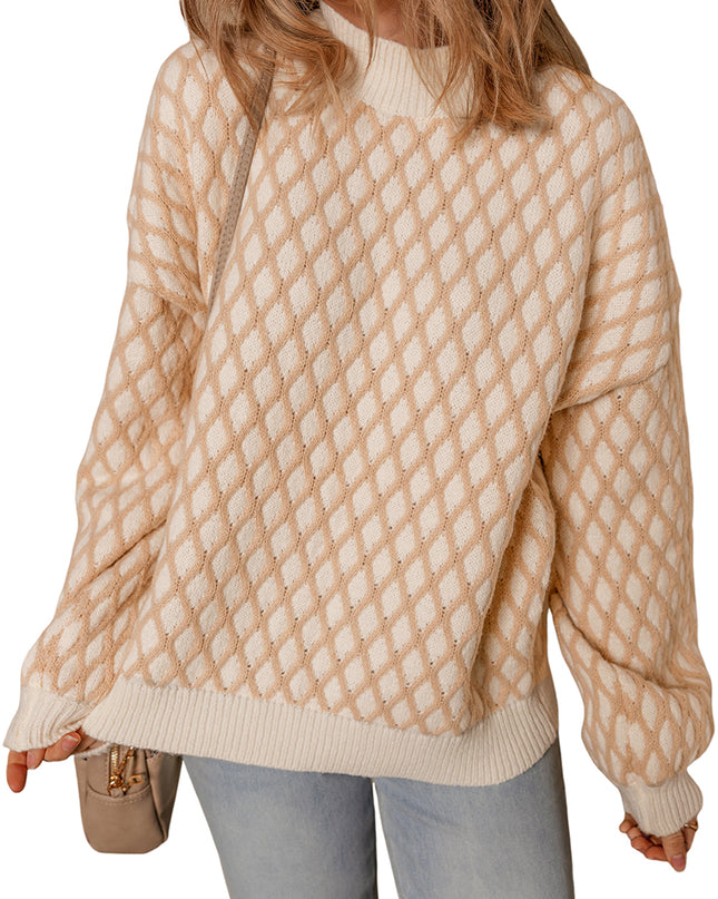 Smoke Gray Checkered Textured Knit Mock Neck Sweater