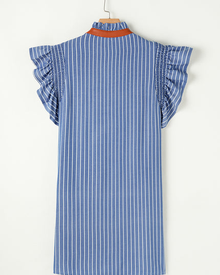 Sky Blue Stripe Frilly Split Neck Shirred Ruffle Sleeve Mini Shift Dress