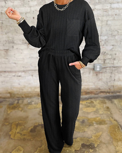 Black Textured Chest Pocket Drop Sleeve Top and Pants Set