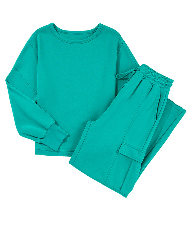 Lapis Mineral Wash Pullover and Wide Leg Cargo Pants Set