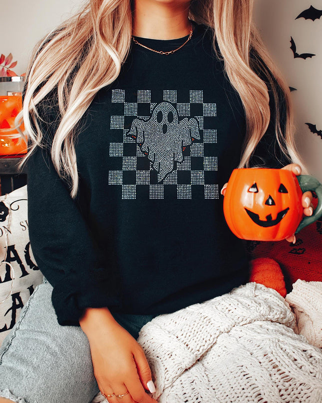 Black Rhinestone Checkered Halloween Ghost Drop Shoulder Sweatshirt