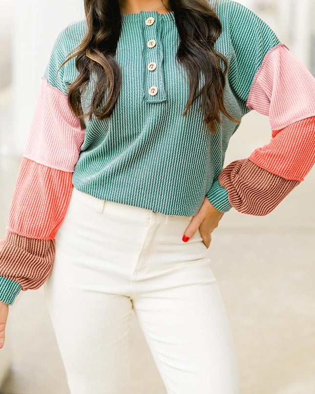 Multicolour Twisted Ribbed Colorblock Patchwork Henley Top