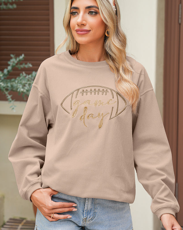 Dark Blue Football Graphic Drop Shoulder Game Day Corded Sweatshirt
