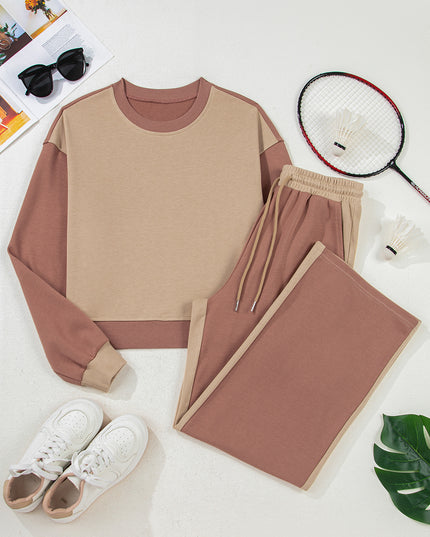 Khaki Color Block Long Sleeve Crop Top Drawstring Pant Set
