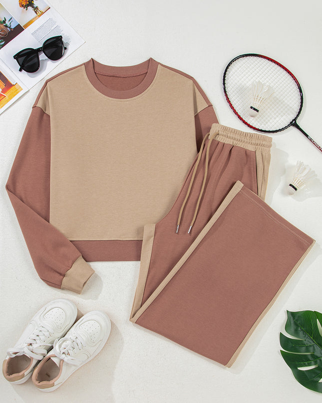 Khaki Color Block Long Sleeve Crop Top Drawstring Pant Set