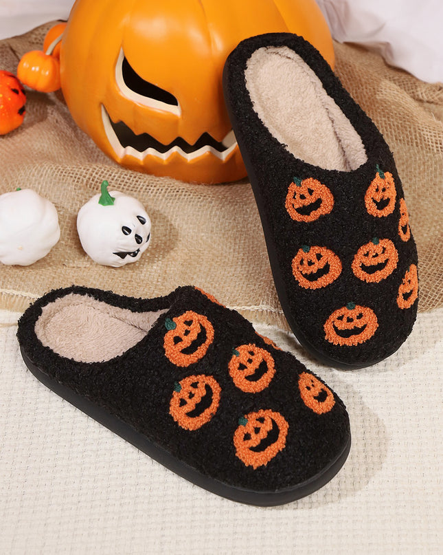 Black Halloween Pumpkin Plush Home Slippers