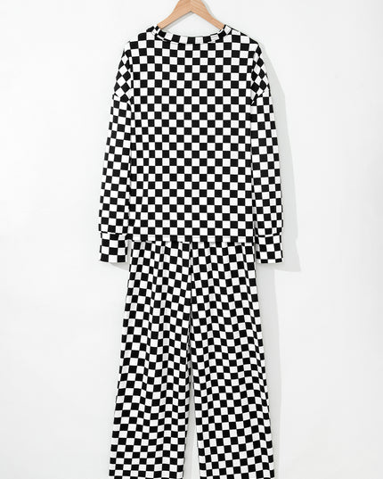 Beige Checkered Print Long Sleeve Loose Fit Pajama Set