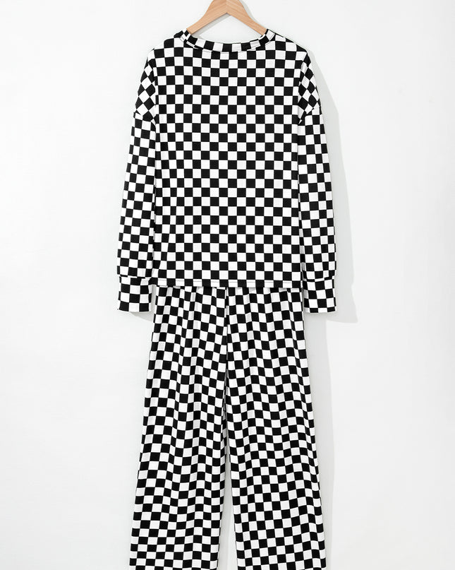 Beige Checkered Print Long Sleeve Loose Fit Pajama Set