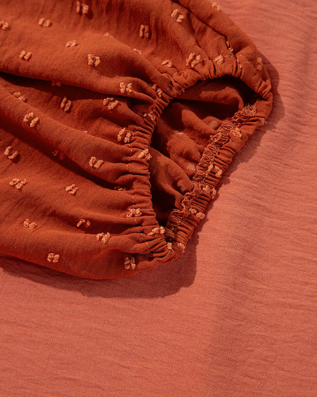 Russet Orange Swiss Dot Balloon Sleeve Patchwork Crinkle Blouse