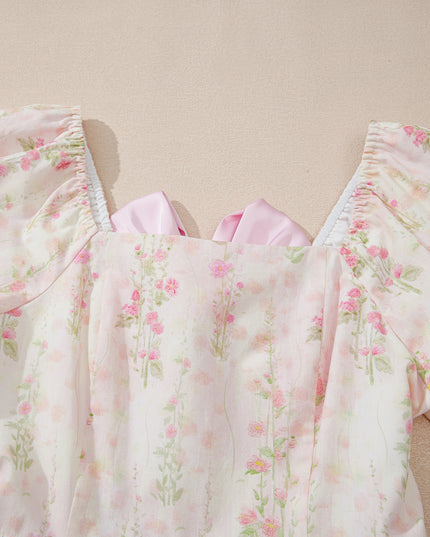 Pink Floral Puff Sleeve Square Neck Knotted Backless Ruffle Mini Dress