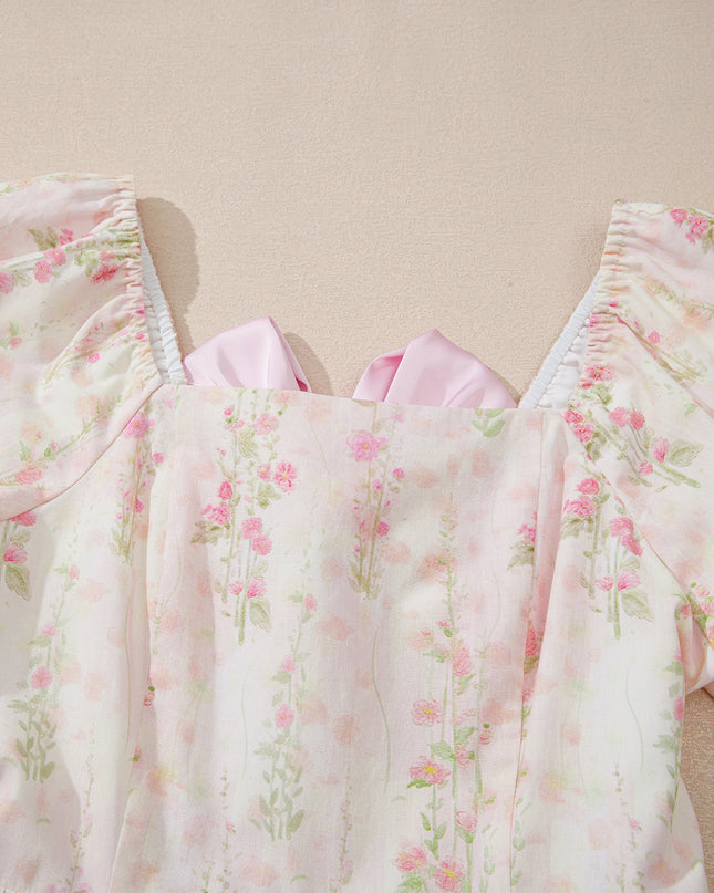 Pink Floral Puff Sleeve Square Neck Knotted Backless Ruffle Mini Dress