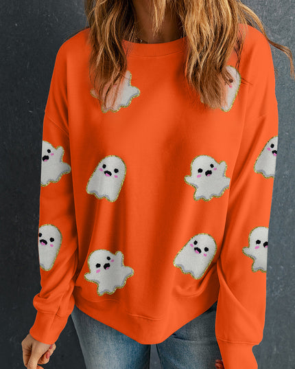 Orange Halloween Ghost Cute Patched Pattern Holiday Sweatshirt