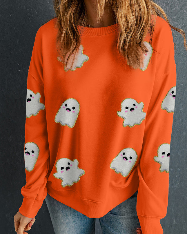 Orange Halloween Ghost Cute Patched Pattern Holiday Sweatshirt