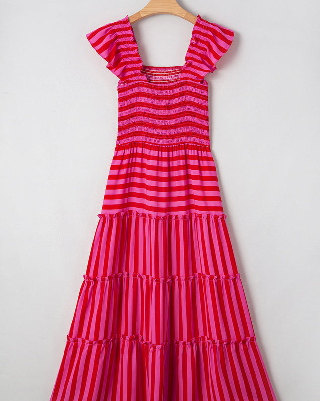Rose Stripe Ruffle Strap Shirred Bodice Tiered Maxi Dress