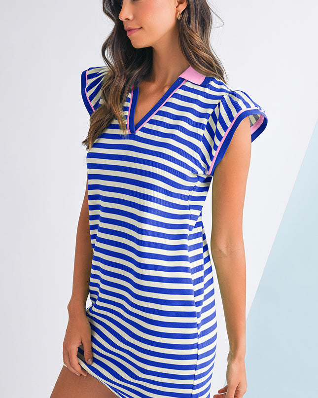 Green Striped Ruffle Short Sleeve Pop of Color Neckline Dress
