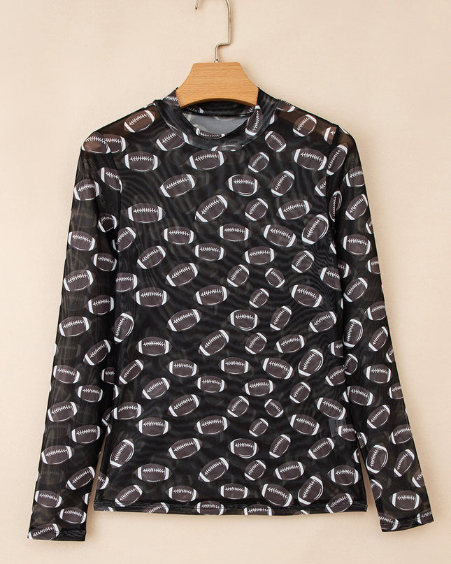 Black Game Day Football Mesh Sheer Long Sleeve Top
