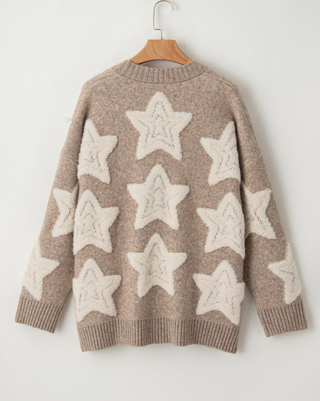 Khaki Star Pattern Pockets Button Front Cardigan