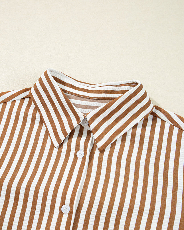 Brown Stripe Ruffle Hem Collared Long Sleeve Shirt Mini Dress