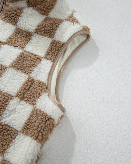 Khaki Checkered Sherpa Collared Jacket Vest