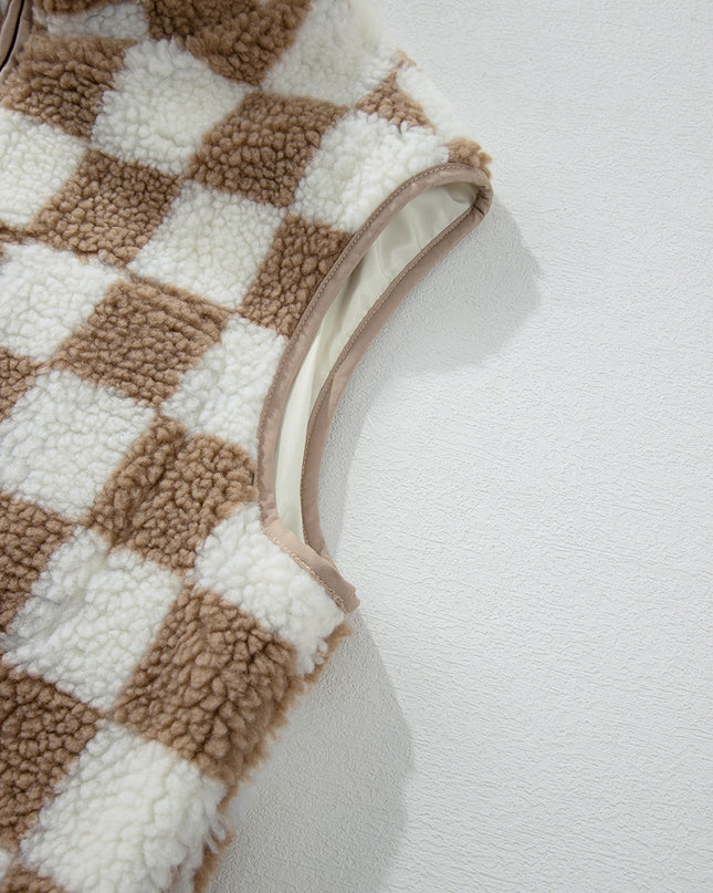 Khaki Checkered Sherpa Collared Jacket Vest