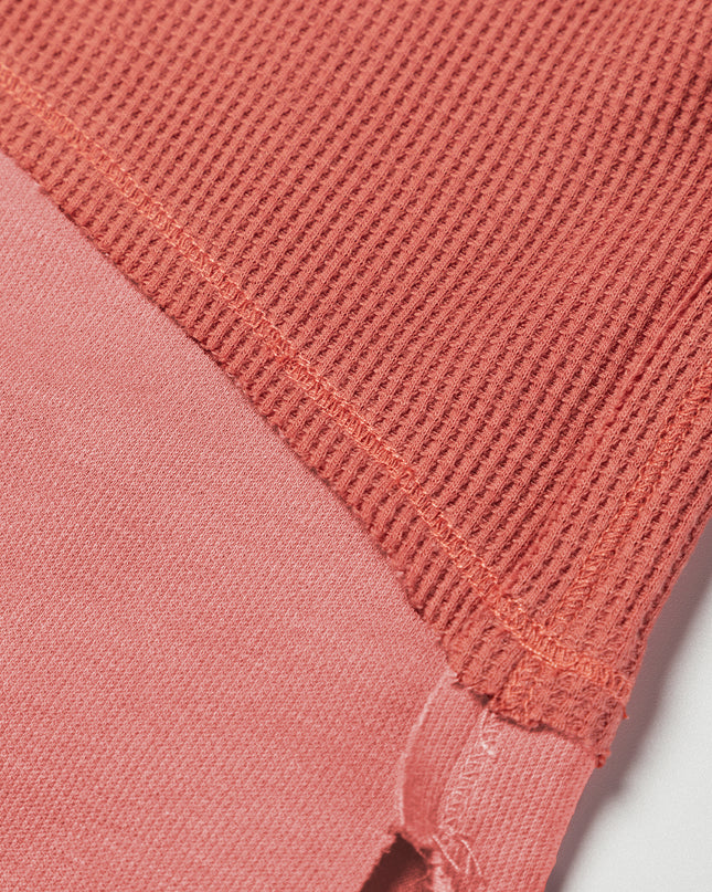Mineral Red Waffle Knit Patchwork Exposed Seam Long Sleeve Top