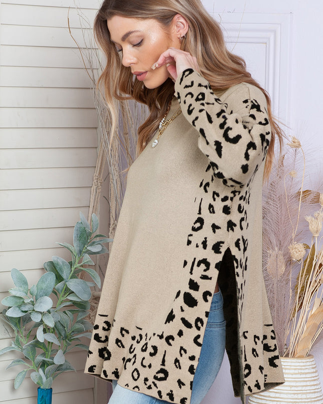 Khaki Leopard Casual Side Slit High Neck Oversized Sweater