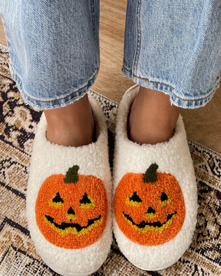 White Halloween Pumpkin Print Plush Slippers