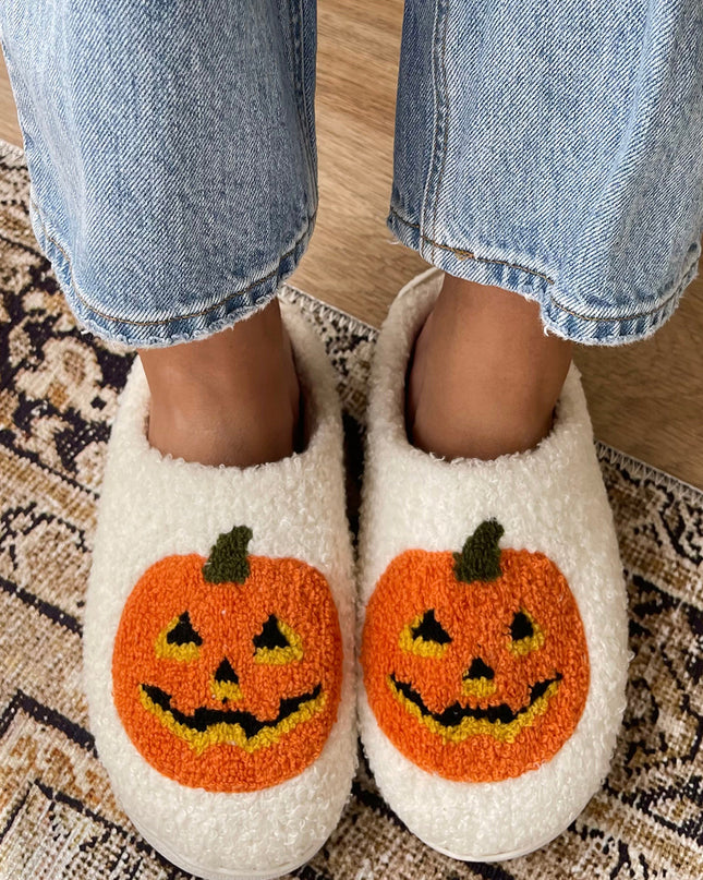 White Halloween Pumpkin Print Plush Slippers
