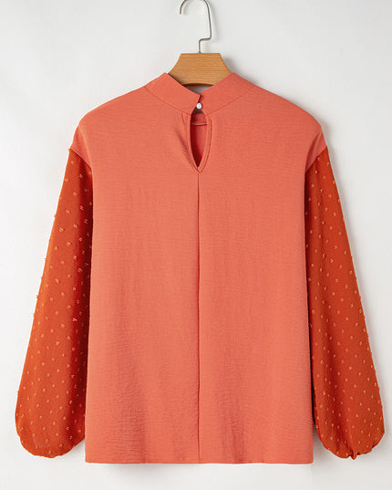 Russet Orange Swiss Dot Balloon Sleeve Patchwork Crinkle Blouse