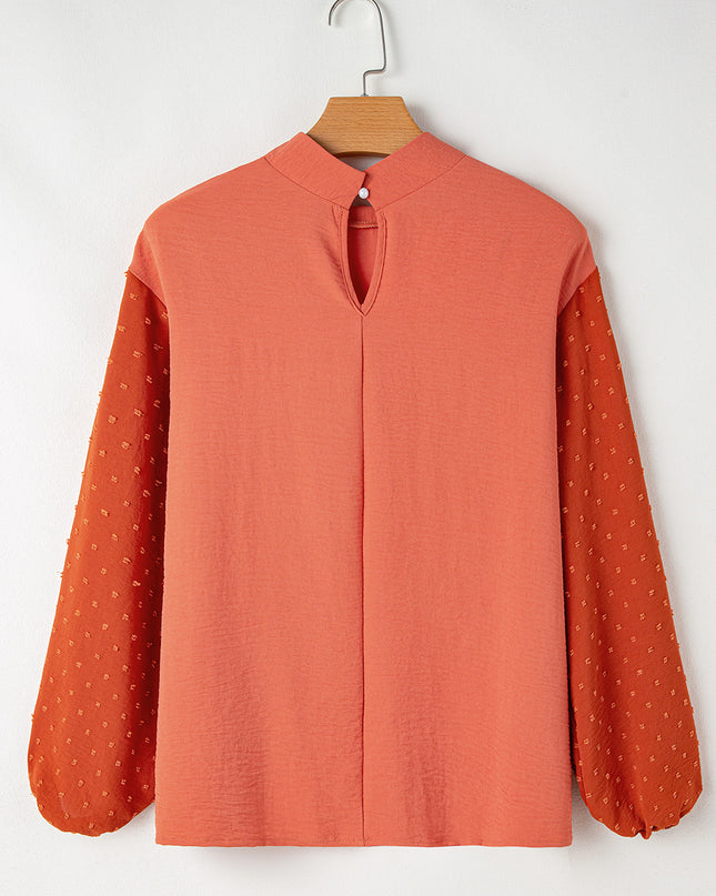 Russet Orange Swiss Dot Balloon Sleeve Patchwork Crinkle Blouse