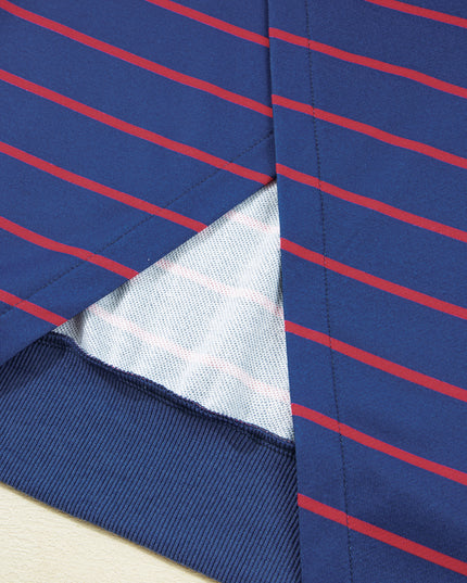 Blue Striped Overlap Detail Drop Shoulder Pullover Sweatshirt