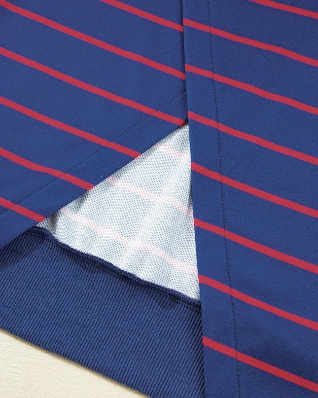 Blue Striped Overlap Detail Drop Shoulder Pullover Sweatshirt