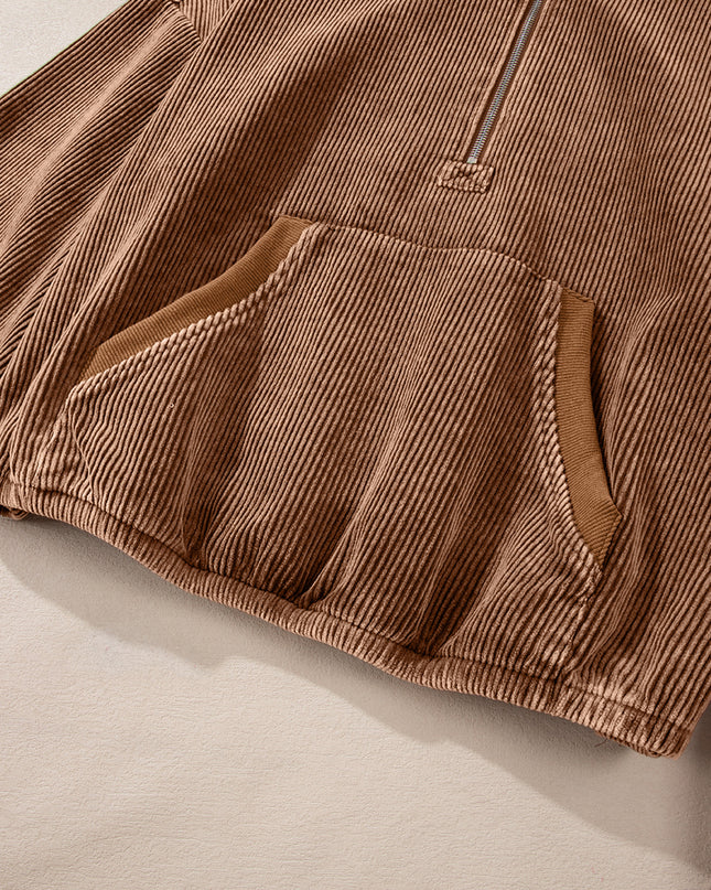 Chestnut Half Zipper Kangaroo Pocket Drawstring Corduroy Hoodie