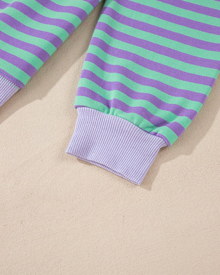 Blue Striped Contrast Trim Drop Shoulder Sweatshirt
