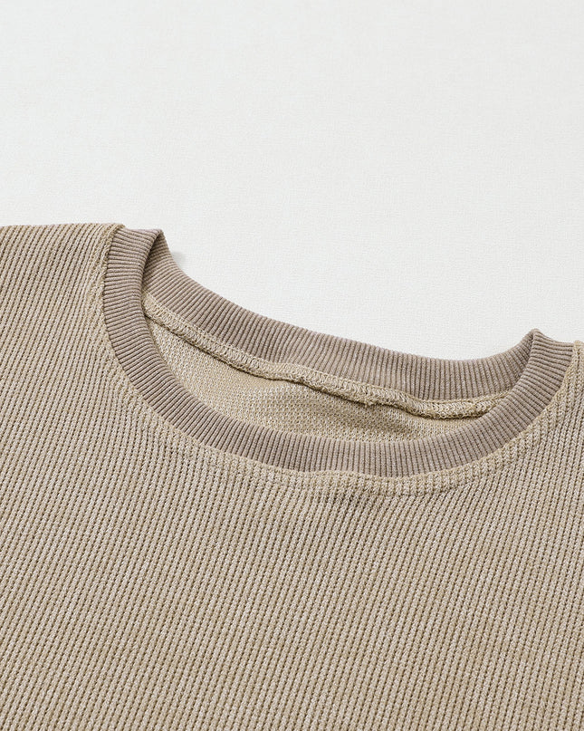 Green Ribbed Round Neck Drop Sleeve Pullover Sweatshirt