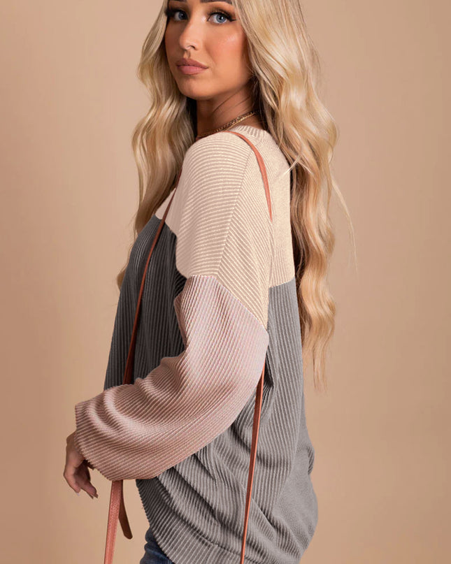 Multicolor Colorblock Ribbed Loose Long Sleeve Top