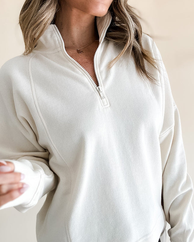 White Zipper Collared Drop Shoulder Plain Sweatshirt