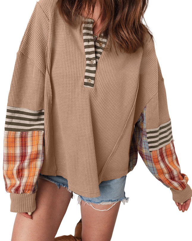Straw Yellow Waffle Stripe Plaid Patchwork Henley Top