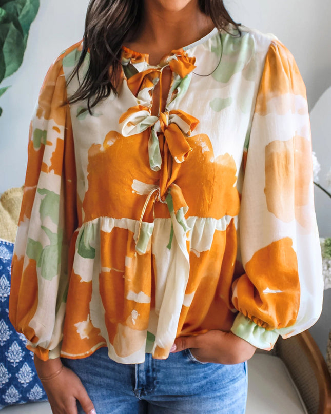 Carrot Abstract Print Bubble Sleeve Bow Front Top