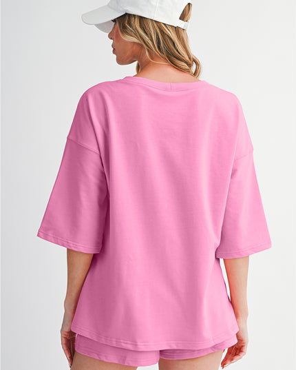 Bonbon Loose V Neck Tee and Drawstring Shorts Set