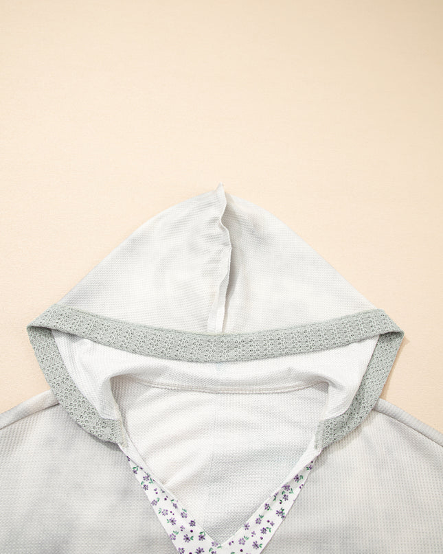 Beige Floral Textured Colorblock Patchwork Bishop Sleeve Hooded Top