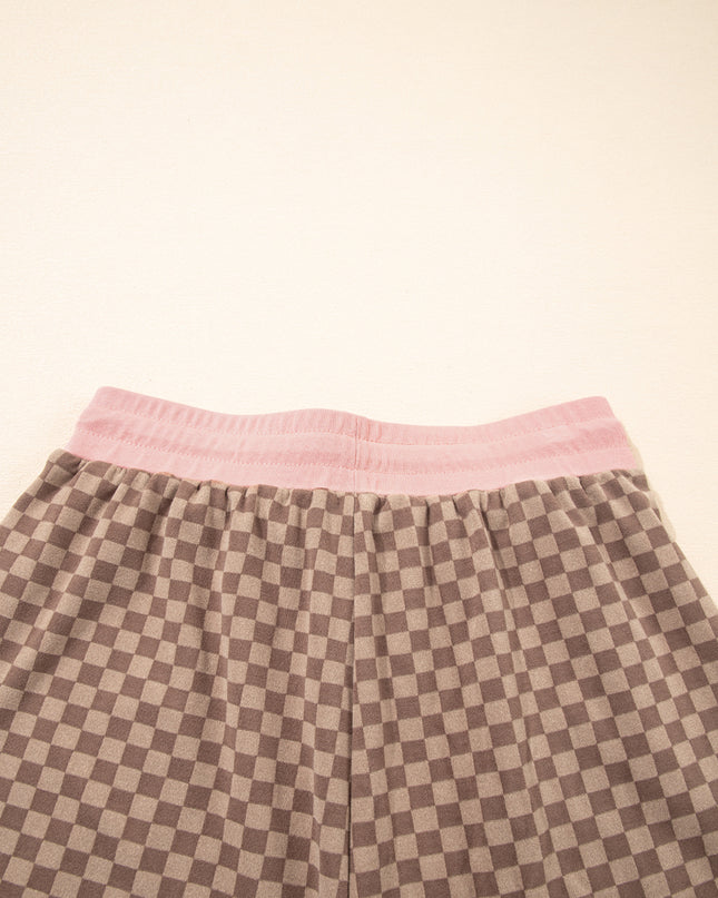 Sky Blue Checkerboard Contrast Trim Long Sleeve Pullover and Shorts Set