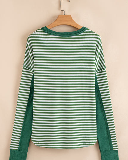 Green Striped Patchwork Knit Drop Shoulder Top