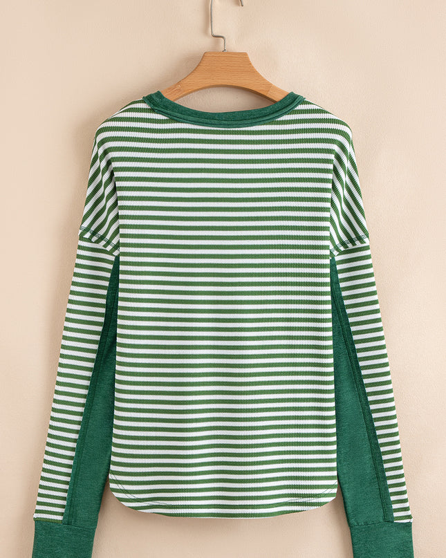 Green Striped Patchwork Knit Drop Shoulder Top