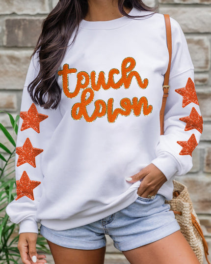 Beige Touchdown Star Sleeve Sweatshirt – Game Day Football Glitter Graphic Pullover