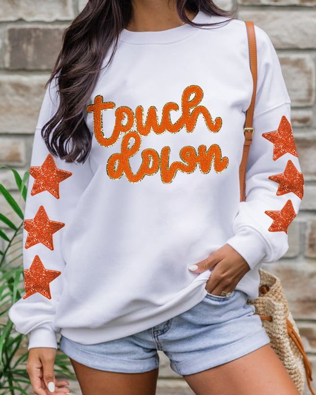 Beige Touchdown Star Sleeve Sweatshirt – Game Day Football Glitter Graphic Pullover