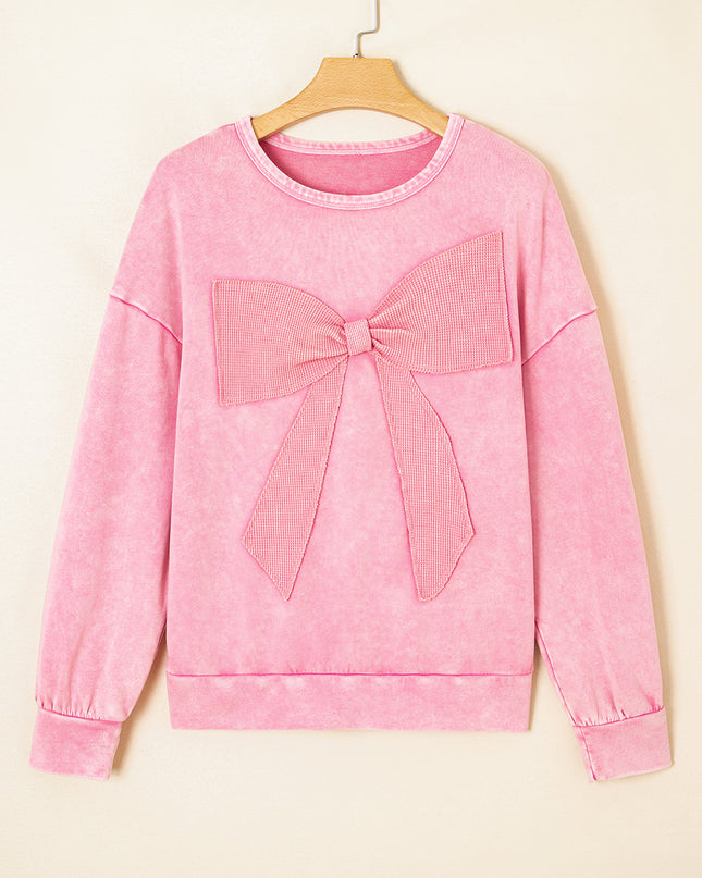Bright Pink Mineral Wash Waffle Bow Patched Pullover Sweatshirt