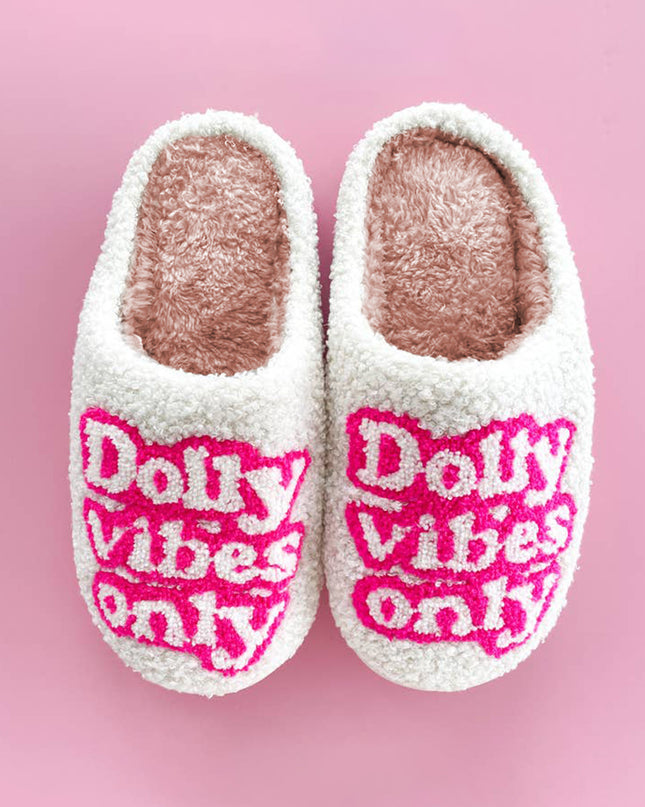 White Dolly Vibes Only Slip On Plush Slippers