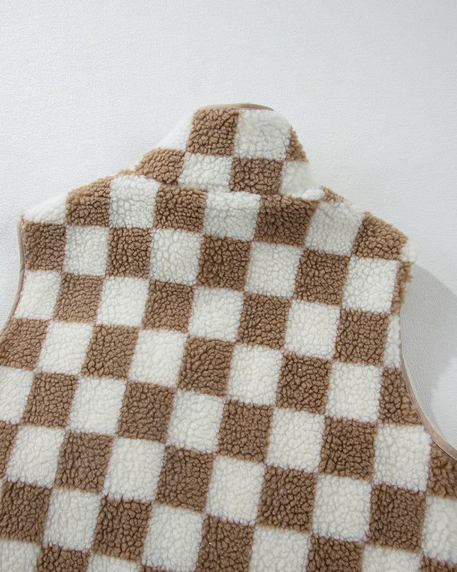 Khaki Checkered Sherpa Collared Jacket Vest